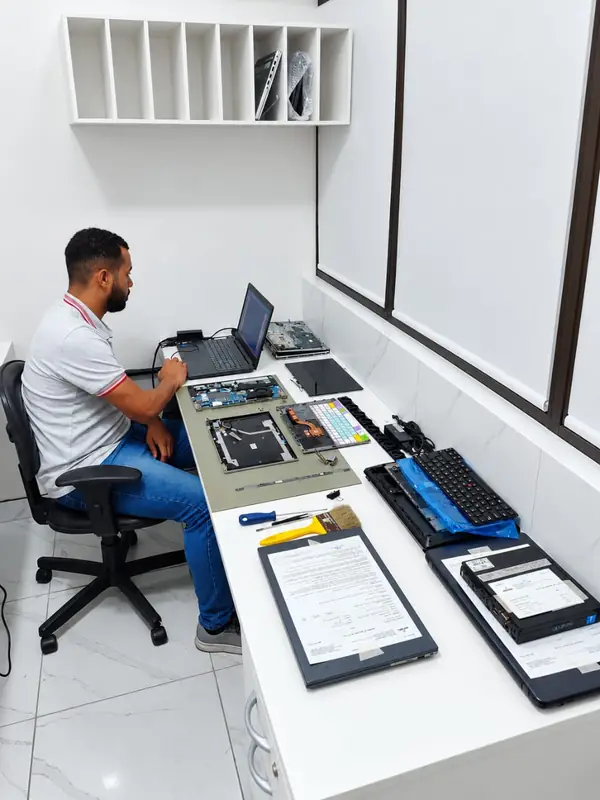 Técnico da SSTech fazendo a manutenção de um notebook na bancada